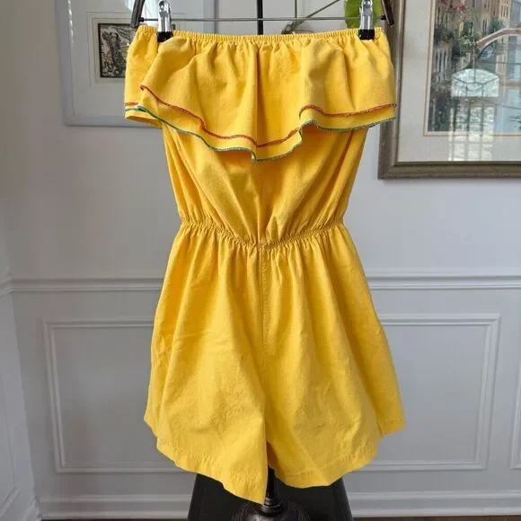 Vintage 80s Maurice Michaels Yellow Romper Ruffle M L - Picture 2 of 9